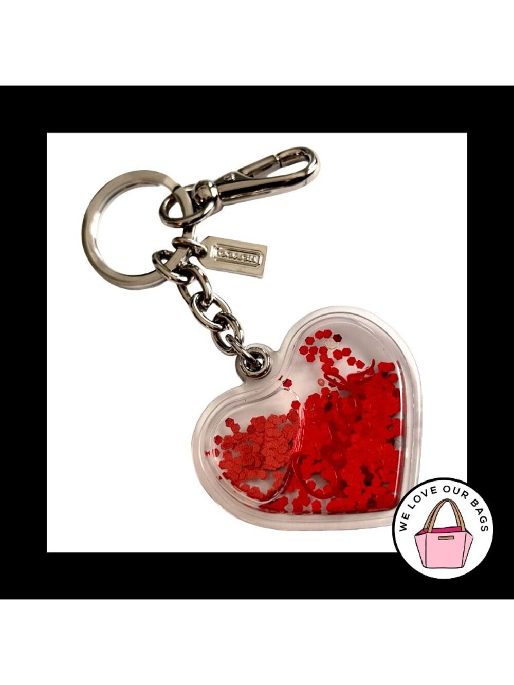 New Rare COACH POPPY Heart SNOWGLOBE Liquid Red Glitter Keychain Bag Charm Fob